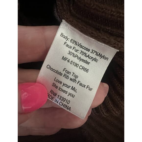 SHOW ME YOUR MUMU Fran Chocolate Brown Ribbed Faux Fur Cuffs Top Sz L NWT - Picture 7 of 10